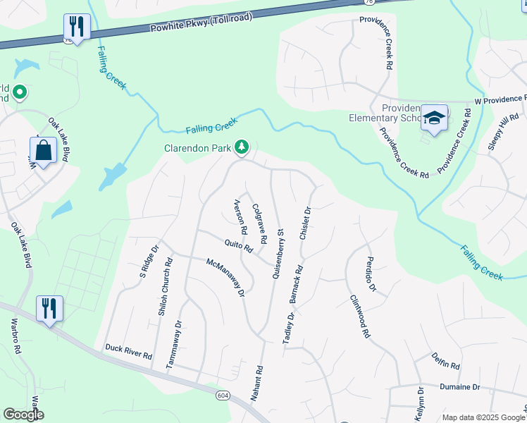 map of restaurants, bars, coffee shops, grocery stores, and more near 2625 Colgrave Road in Midlothian