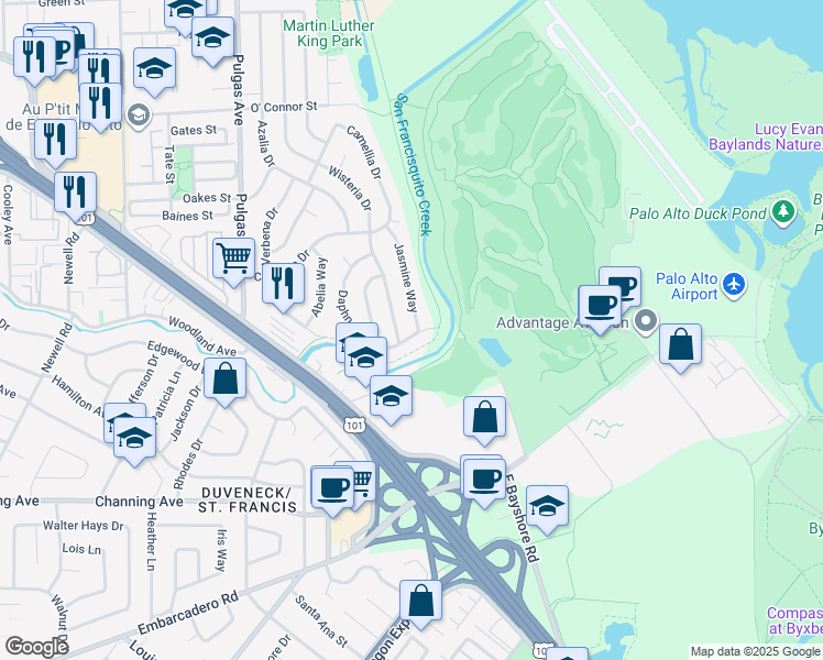 map of restaurants, bars, coffee shops, grocery stores, and more near 116 Daphne Way in East Palo Alto