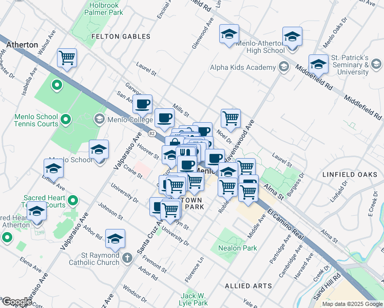 map of restaurants, bars, coffee shops, grocery stores, and more near 642 Santa Cruz Avenue in Menlo Park
