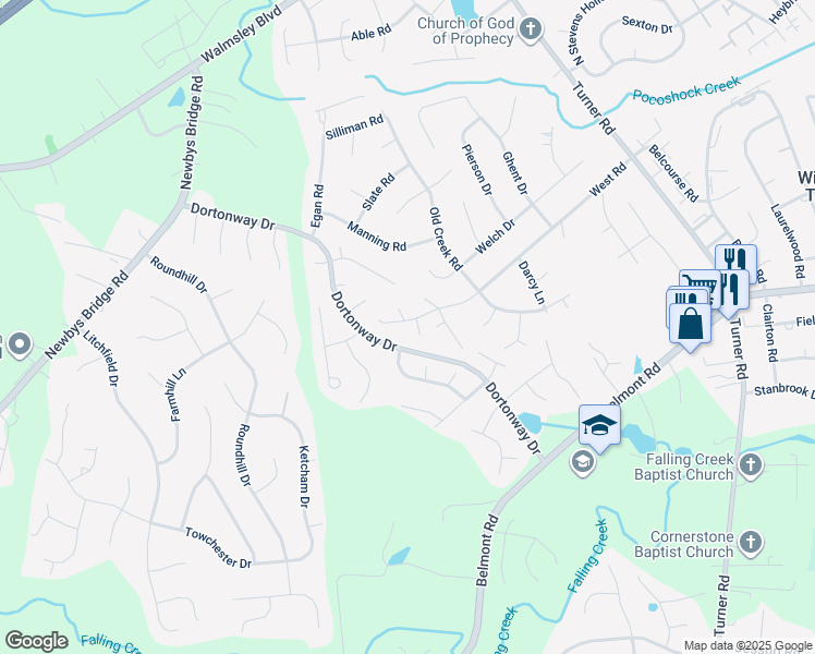 map of restaurants, bars, coffee shops, grocery stores, and more near 7143 Windy Creek Circle in Chesterfield