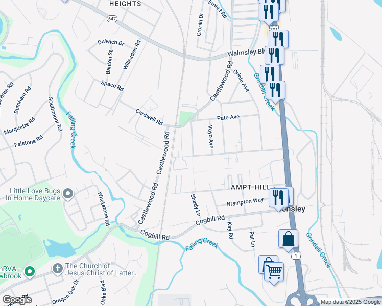 map of restaurants, bars, coffee shops, grocery stores, and more near 3000 Falling Creek Avenue in Richmond