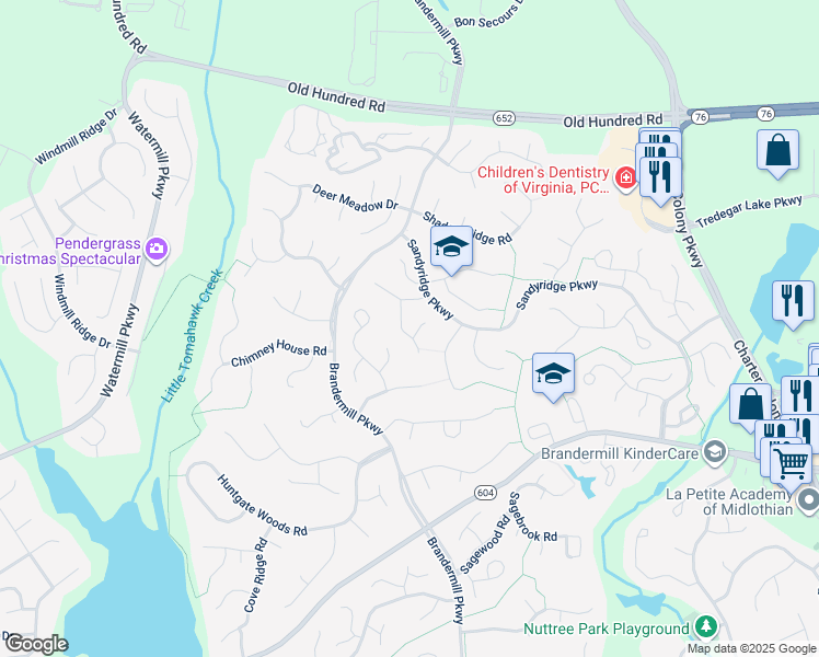map of restaurants, bars, coffee shops, grocery stores, and more near 2410 Copper Hill Place in Midlothian