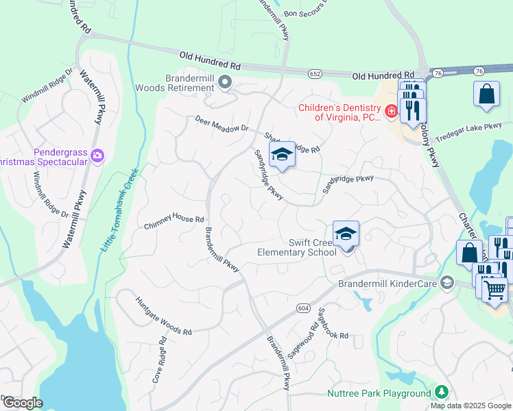 map of restaurants, bars, coffee shops, grocery stores, and more near 2410 Copper Hill Place in Midlothian