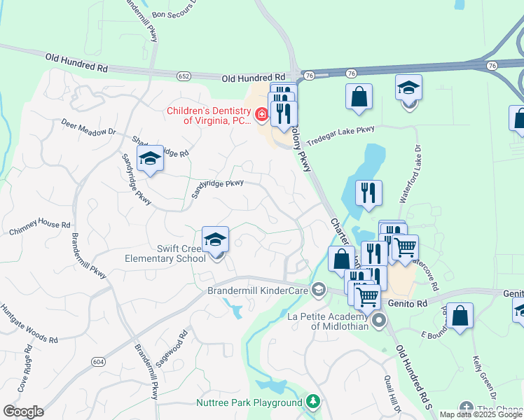 map of restaurants, bars, coffee shops, grocery stores, and more near 2510 Crosstimbers Court in Midlothian