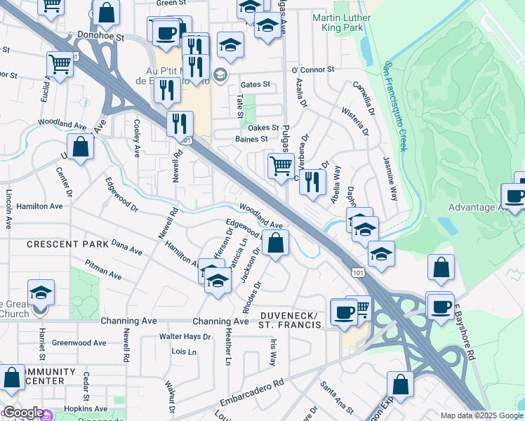 map of restaurants, bars, coffee shops, grocery stores, and more near 1879 Woodland Avenue in East Palo Alto