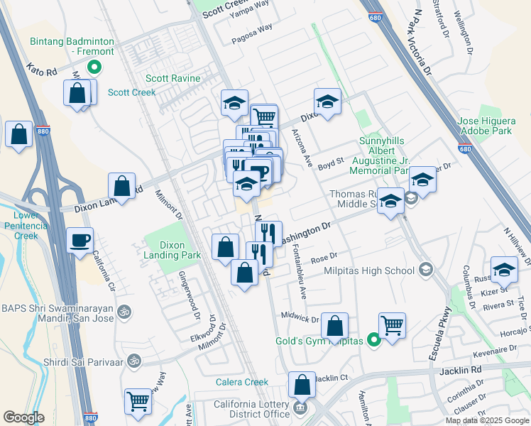 map of restaurants, bars, coffee shops, grocery stores, and more near 29 Jason Drive in Milpitas