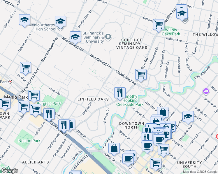 map of restaurants, bars, coffee shops, grocery stores, and more near 207 Pearl Lane in Menlo Park