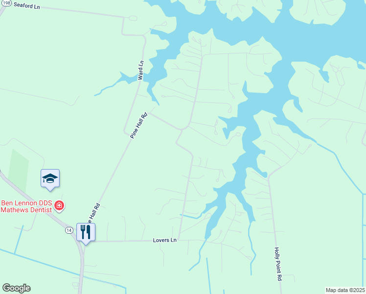 map of restaurants, bars, coffee shops, grocery stores, and more near 71 Morris Creek Lane in Mathews