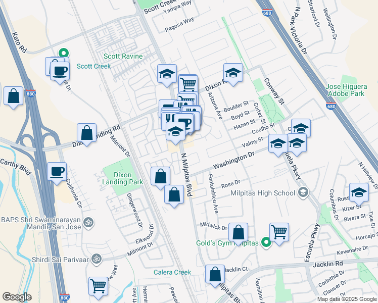 map of restaurants, bars, coffee shops, grocery stores, and more near 29 Jason Drive in Milpitas