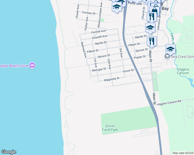 map of restaurants, bars, coffee shops, grocery stores, and more near 290 Grove Street in Half Moon Bay