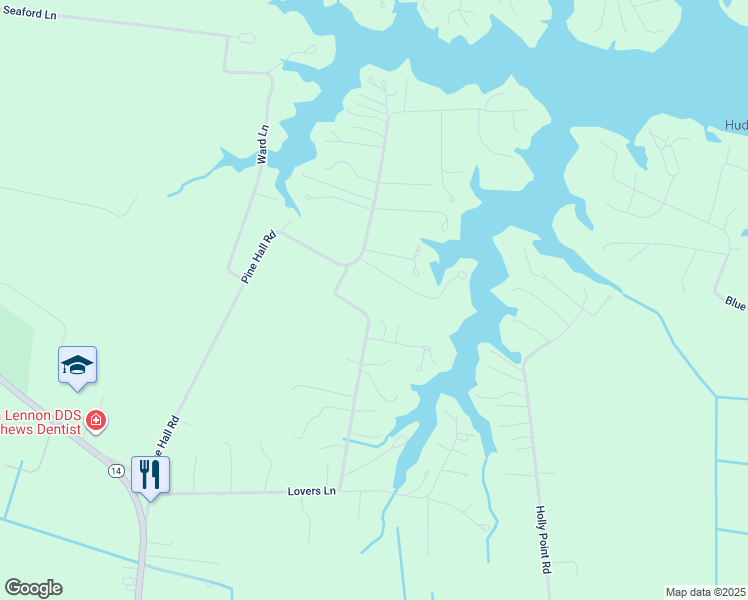 map of restaurants, bars, coffee shops, grocery stores, and more near 157 Old Bay Lane in Mathews