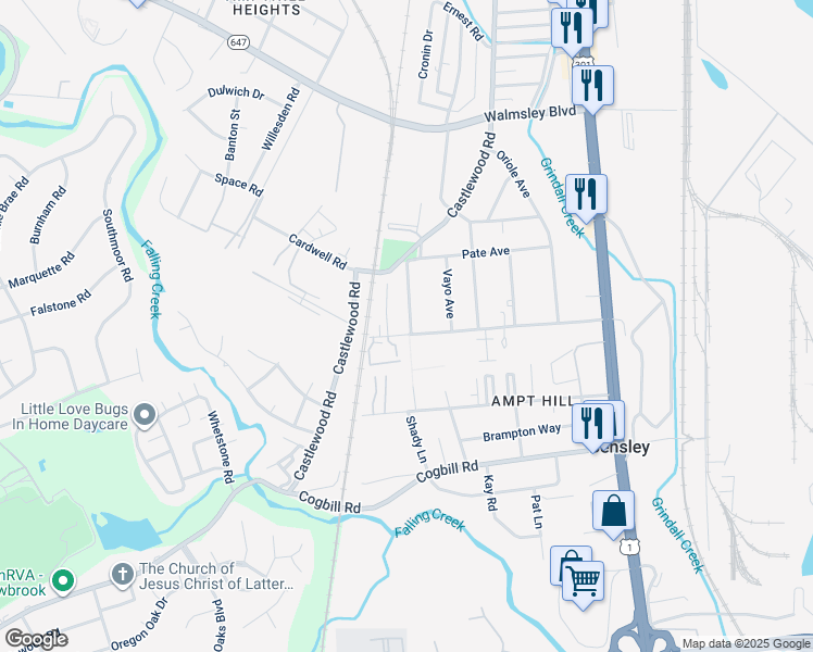 map of restaurants, bars, coffee shops, grocery stores, and more near 3000 Falling Creek Avenue in Richmond