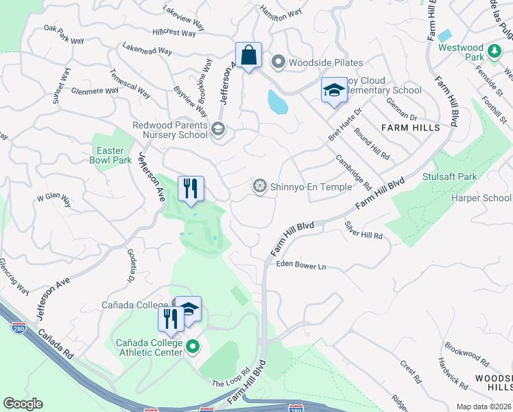 map of restaurants, bars, coffee shops, grocery stores, and more near 3910 Bret Harte Drive in Redwood City