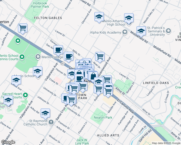 map of restaurants, bars, coffee shops, grocery stores, and more near 1120 Merrill Street in Menlo Park