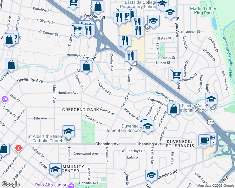 map of restaurants, bars, coffee shops, grocery stores, and more near 1475 Edgewood Drive in Palo Alto