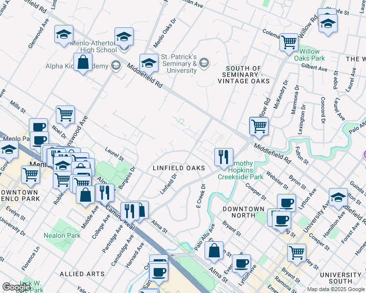 map of restaurants, bars, coffee shops, grocery stores, and more near 302 Sherwood Way in Menlo Park
