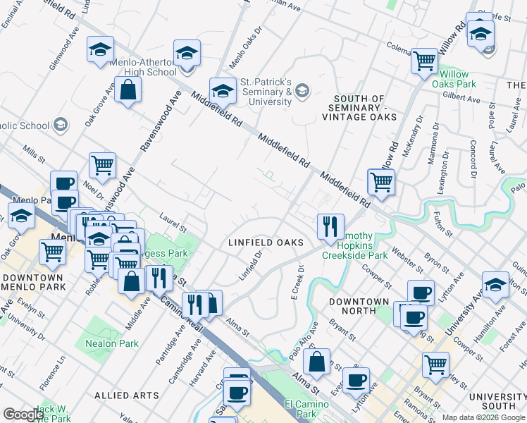 map of restaurants, bars, coffee shops, grocery stores, and more near 302 Sherwood Way in Menlo Park