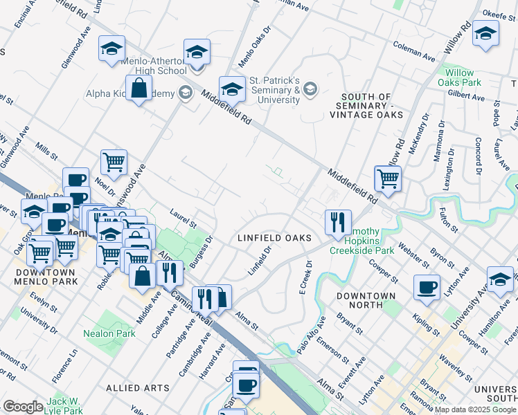 map of restaurants, bars, coffee shops, grocery stores, and more near 341 Waverley Street in Menlo Park