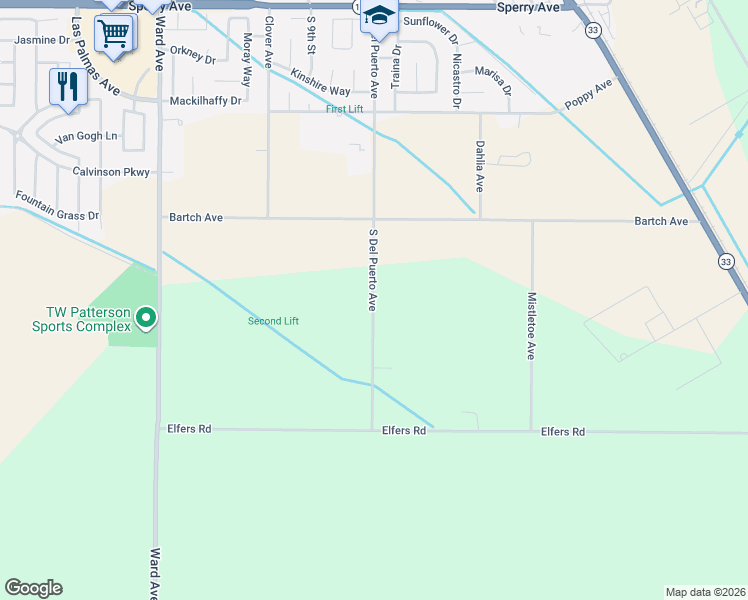 map of restaurants, bars, coffee shops, grocery stores, and more near 16749 South Del Puerto Avenue in Patterson