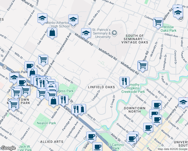 map of restaurants, bars, coffee shops, grocery stores, and more near 345 Middlefield Road in Menlo Park