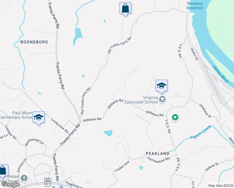 map of restaurants, bars, coffee shops, grocery stores, and more near 963 Rothowood Road in Lynchburg