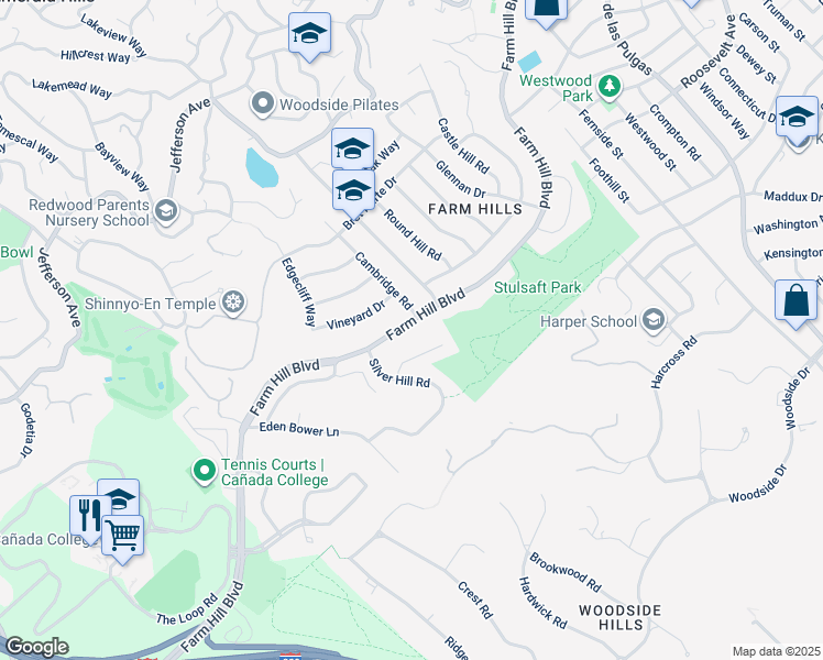 map of restaurants, bars, coffee shops, grocery stores, and more near 3821 Farm Hill Boulevard in Redwood City