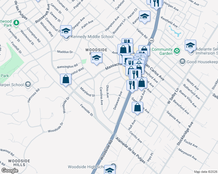 map of restaurants, bars, coffee shops, grocery stores, and more near 2627 Ohio Avenue in Redwood City