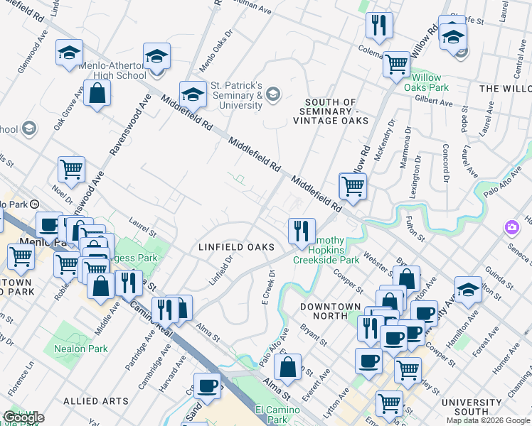 map of restaurants, bars, coffee shops, grocery stores, and more near 301 Homewood Place in Menlo Park