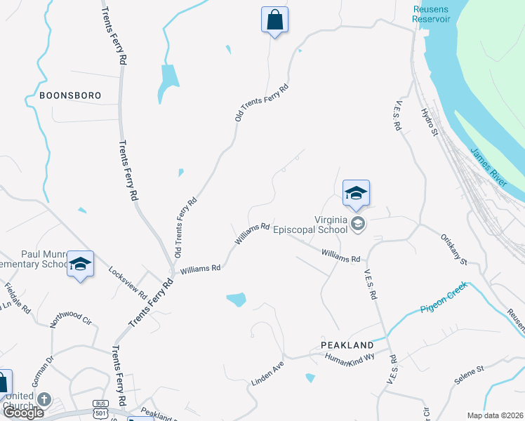 map of restaurants, bars, coffee shops, grocery stores, and more near 963 Rothowood Road in Lynchburg