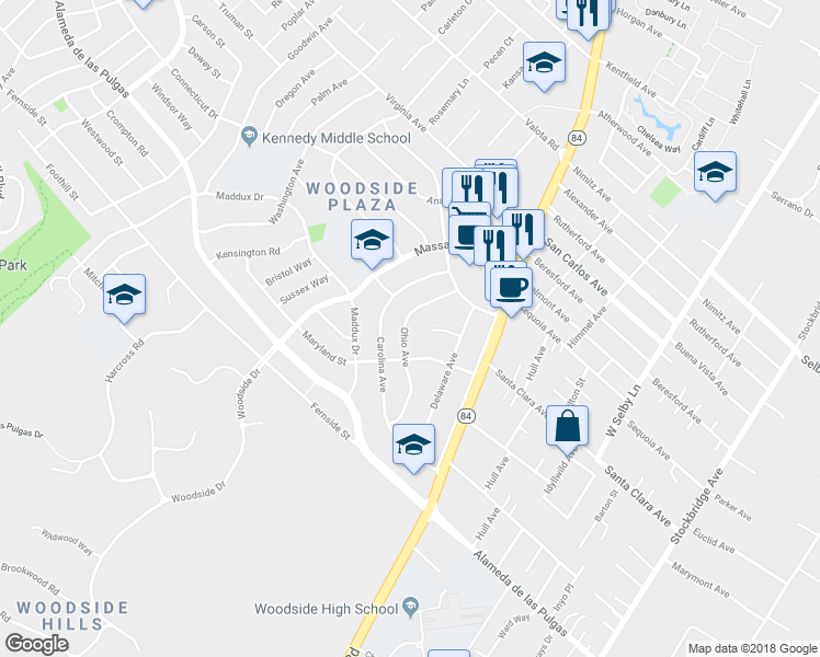 map of restaurants, bars, coffee shops, grocery stores, and more near 2627 Ohio Avenue in Redwood City