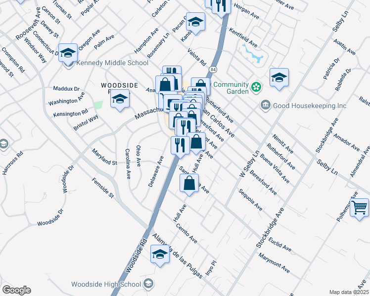 map of restaurants, bars, coffee shops, grocery stores, and more near 1690 Woodside Road in Redwood City