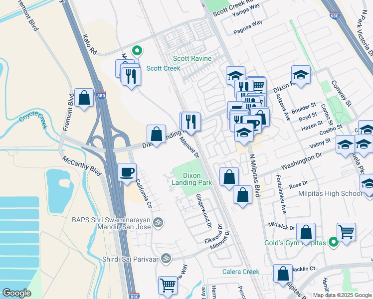 map of restaurants, bars, coffee shops, grocery stores, and more near 1771 Milmont Drive in Milpitas