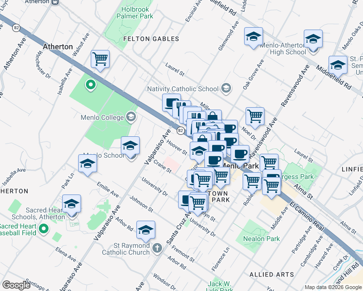 map of restaurants, bars, coffee shops, grocery stores, and more near 1315 El Camino Real in Menlo Park