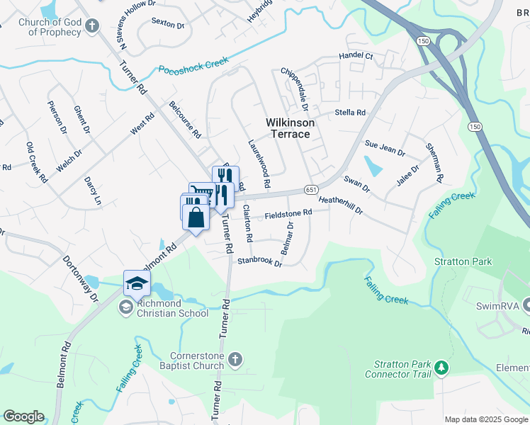 map of restaurants, bars, coffee shops, grocery stores, and more near 5934 Fieldstone Road in Richmond