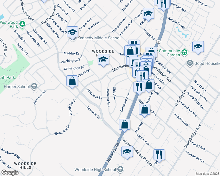 map of restaurants, bars, coffee shops, grocery stores, and more near 2649 Carolina Avenue in Redwood City