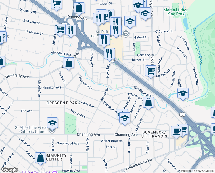 map of restaurants, bars, coffee shops, grocery stores, and more near 57 Newell Road in Palo Alto