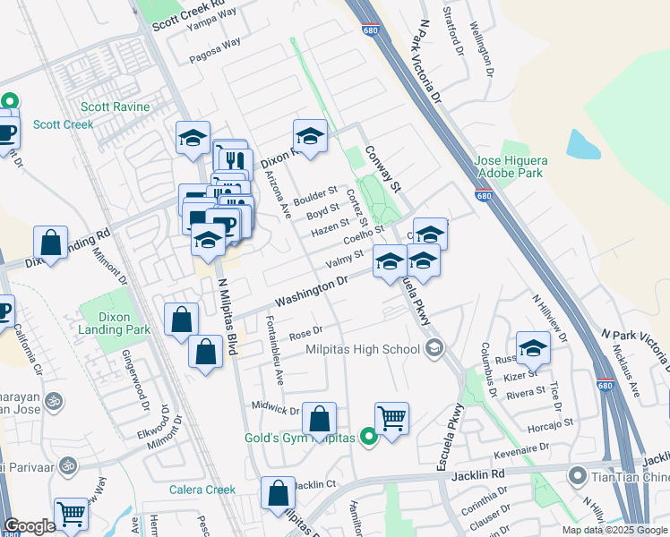 map of restaurants, bars, coffee shops, grocery stores, and more near 285 Valmy Street in Milpitas