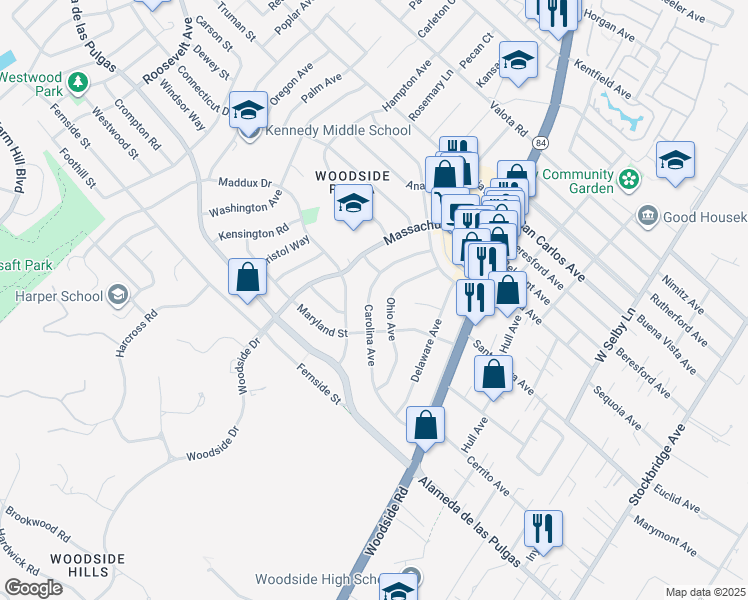 map of restaurants, bars, coffee shops, grocery stores, and more near 2649 Carolina Avenue in Redwood City