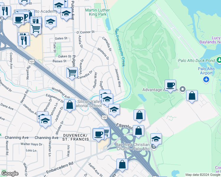 map of restaurants, bars, coffee shops, grocery stores, and more near 124 Aster Way in East Palo Alto
