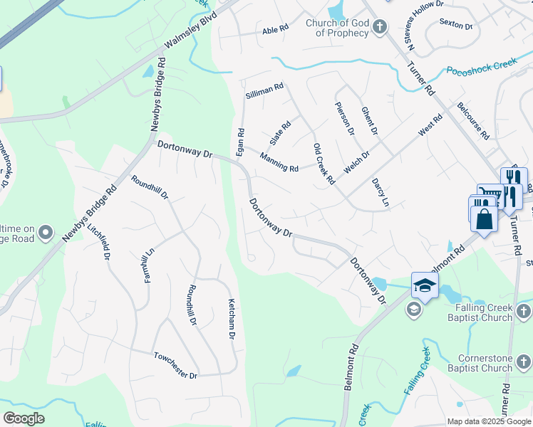 map of restaurants, bars, coffee shops, grocery stores, and more near 7113 Dortonway Place in Chesterfield