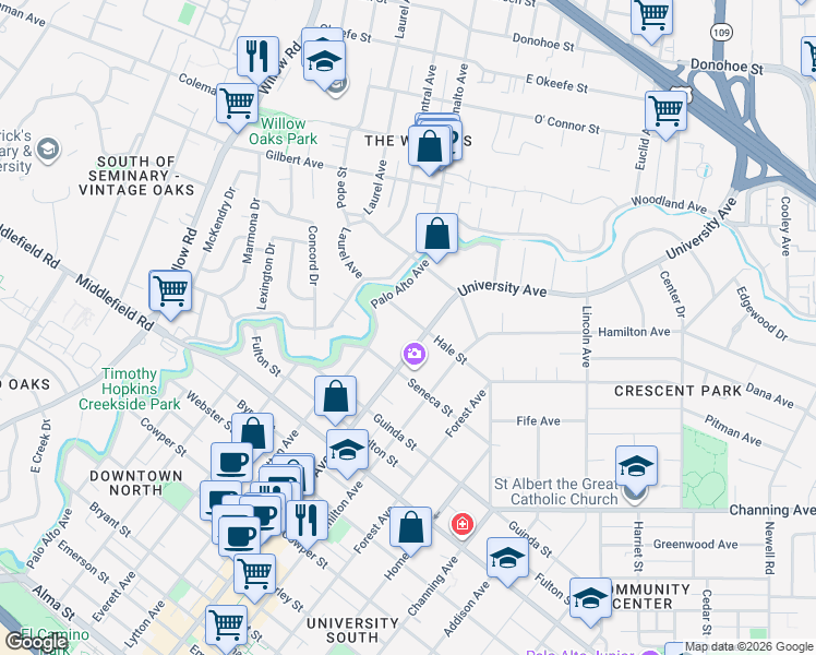 map of restaurants, bars, coffee shops, grocery stores, and more near 470 Hale Street in Palo Alto
