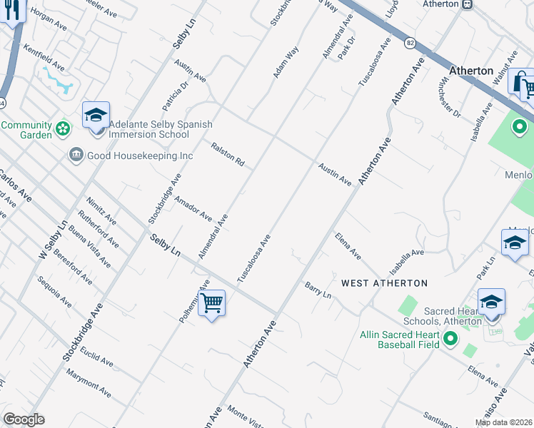 map of restaurants, bars, coffee shops, grocery stores, and more near 148 Tuscaloosa Avenue in Atherton