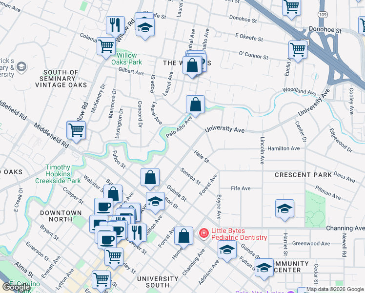 map of restaurants, bars, coffee shops, grocery stores, and more near 470 Hale Street in Palo Alto