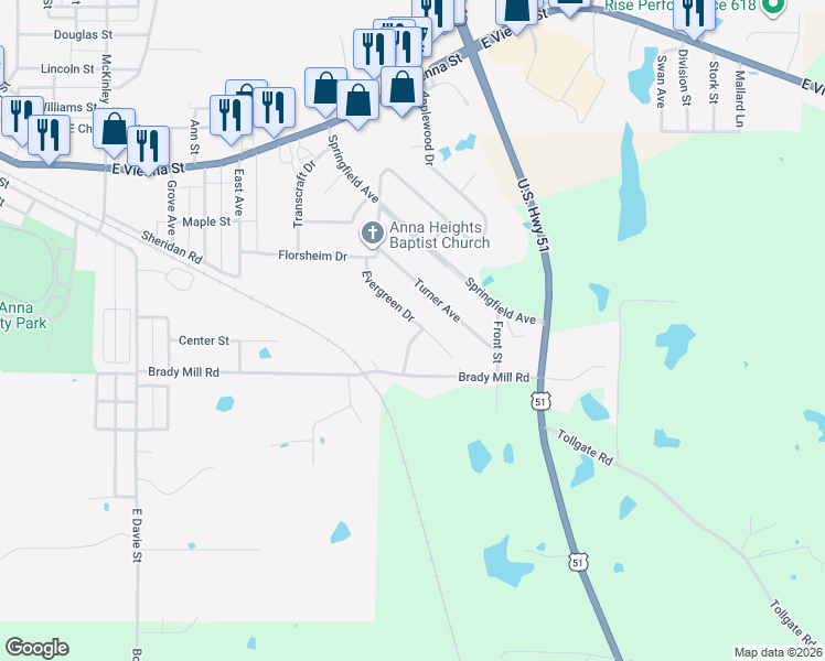 map of restaurants, bars, coffee shops, grocery stores, and more near 117 Evergreen Drive in Anna