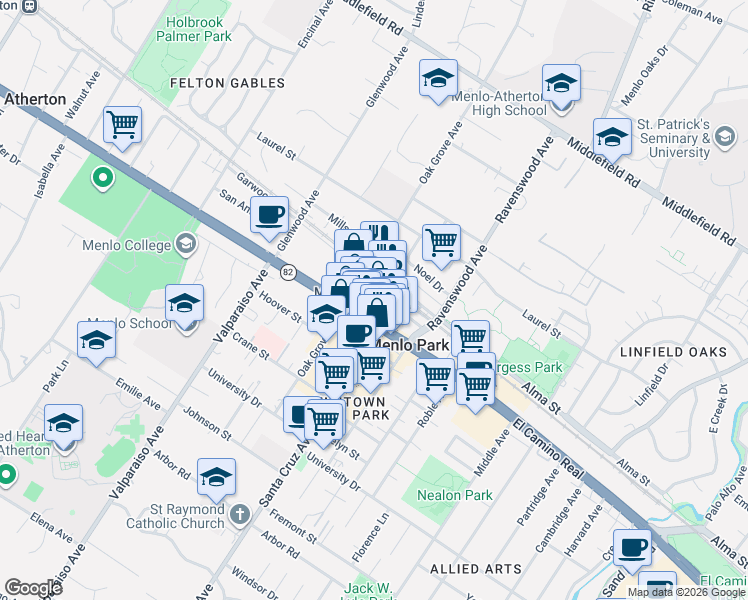 map of restaurants, bars, coffee shops, grocery stores, and more near 1120 Merrill Street in Menlo Park