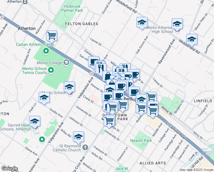 map of restaurants, bars, coffee shops, grocery stores, and more near 1275 California 82 in Menlo Park