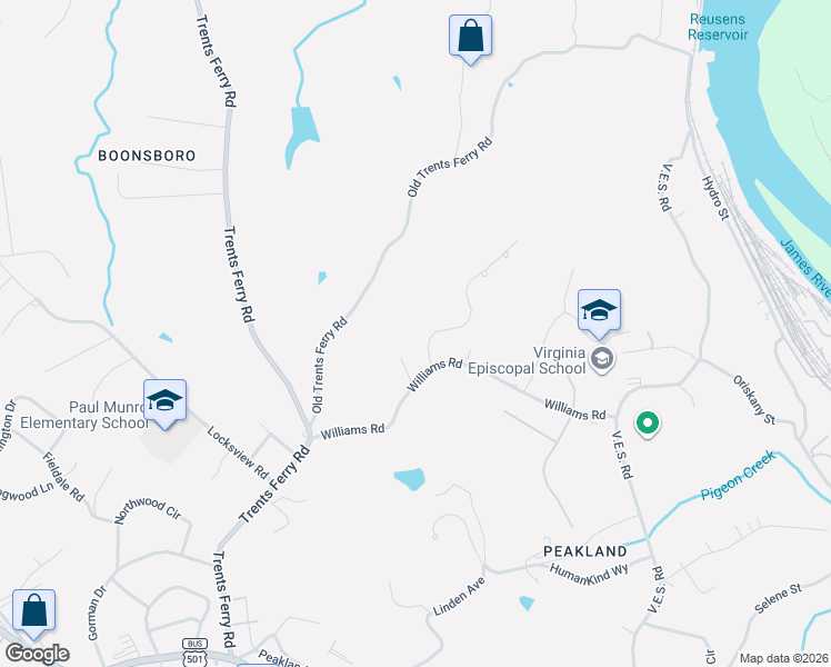 map of restaurants, bars, coffee shops, grocery stores, and more near 976 Rothowood Road in Lynchburg