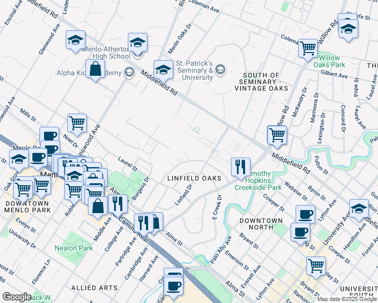 map of restaurants, bars, coffee shops, grocery stores, and more near 32 Kent Pl in Menlo Park