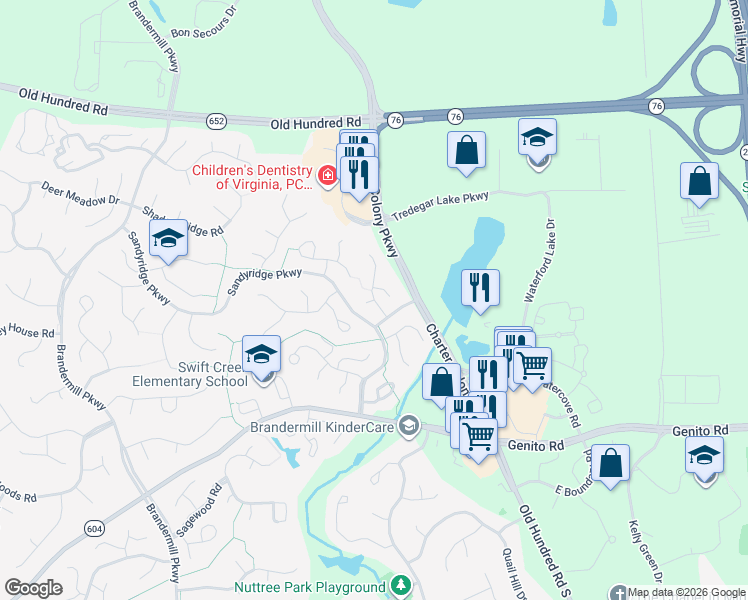 map of restaurants, bars, coffee shops, grocery stores, and more near 2511 Carriage Creek Road in Midlothian