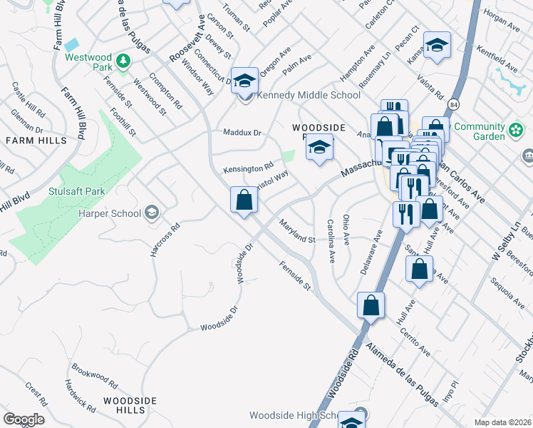 map of restaurants, bars, coffee shops, grocery stores, and more near 1692 Maryland Street in Redwood City